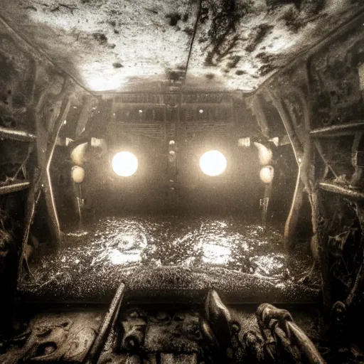 Image similar to the interior of a partially flooded rusty shipwreck, dark, scary lighting, scary, creepy, eerie, horror, submechanophobia, submerged machinery, photo,