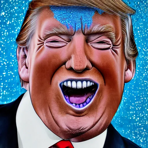 Image similar to president trump is a smiling laughing bright blue lizard person, airbrush painting, hyper detailed, 8 k, photorealism, rule of thirds, glitter.