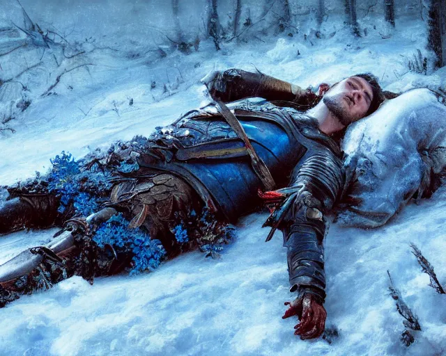 Image similar to Highly realistic oil painting of a wounded knight lying in the snow, surrounded by blue flowers, blood on flowers, by greg rutkowski, highly detailed, cinematic lighting, moody, dark