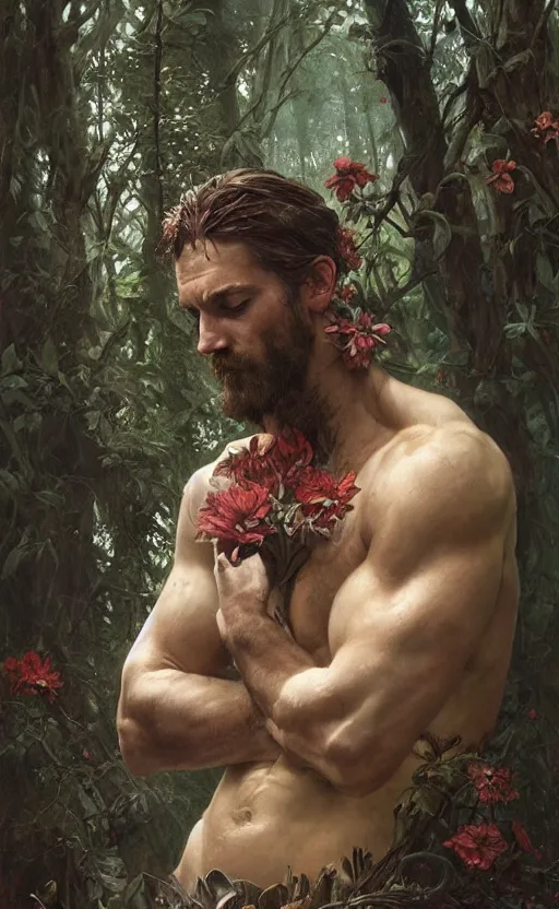 Image similar to god of the forest, 3 0 years old, rugged, handsome, male, detailed face, clean lines, atmospheric lighting, amazing, full body, thighs, flowers, muscular, intricate, highly detailed, digital painting, deviantart, concept art, sharp focus, illustration, art by greg rutkowski and alphonse mucha