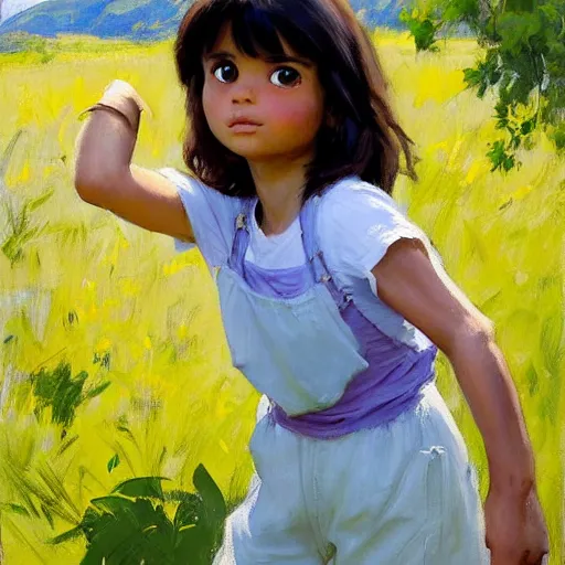 Image similar to Greg Manchess painting of dora the explorer, countryside, fantasy character portrait, dynamic pose, above view, sunny day, thunder clouds in the sky, artwork by Jeremy Lipkin and Giuseppe Dangelico Pino and Michael Garmash and Rob Rey, very coherent asymmetrical artwork, sharp edges, perfect face, simple form, wacky, 100mm