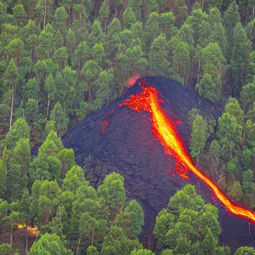 Image similar to mountain on fire surrounded by lava with trees and shrubs burning