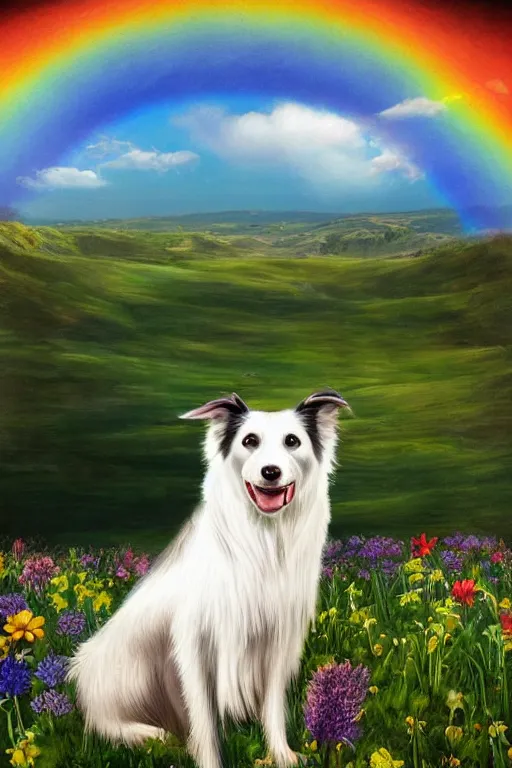 Image similar to A border collie sitting in a beautiful flower meadow with a rainbow in the sky above matte painting