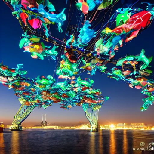 Image similar to vivid, robust by skottie young, by elena paraskeva. a kinetic sculpture of a group of flying islands, each with its own unique landscape, floating in the night sky. the islands are connected by a network of bridges. a small group of people can be seen walking along one of the bridges.