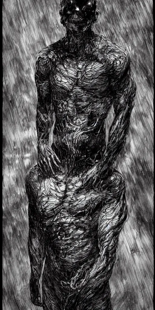 Image similar to concept art of a man with his body covered in burns, with black smoke coming out of his hands, dark colors, sinister atmosphere, dramatic lighting, cinematic, establishing shot, extremely high detail, photo realistic, cinematic lighting, pen and ink, intricate line drawings, by Yoshitaka Amano, Ruan Jia, Kentaro Miura, Artgerm, post processed, concept art, artstation, matte painting, style by eddie mendoza, raphael lacoste, alex ross,