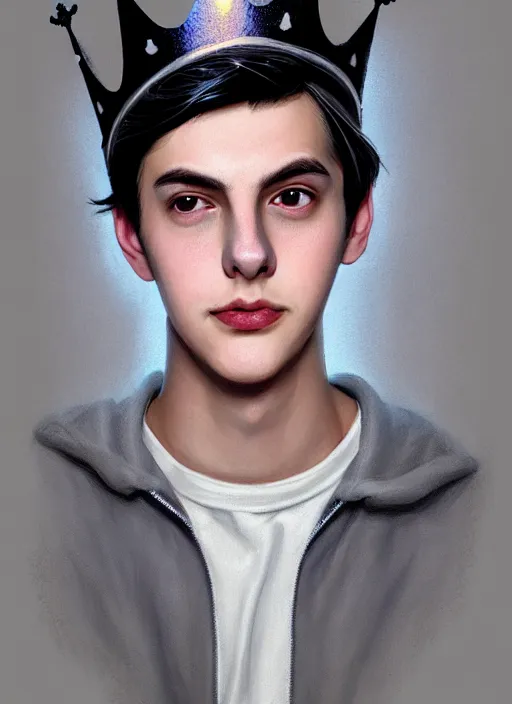 Image similar to portrait of teenage jughead jones wearing a light grey crown, crown, hamburger background, eyes closed, crown, black hair, intricate, elegant, glowing lights, warm lighting, highly detailed, digital painting, artstation, concept art, smooth, sharp focus, illustration, art by wlop, mars ravelo and greg rutkowski