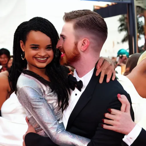 Prompt: kyla pratt hugging chris evans