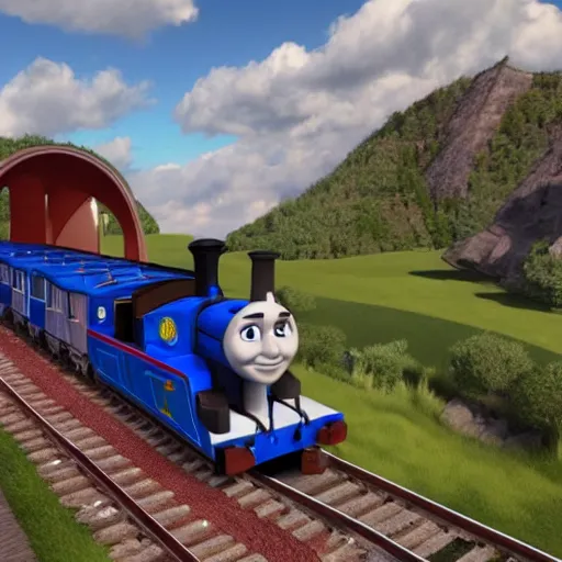 Image similar to justin trudeau as a train in thomas the tank engine, 8 k, trending on artstation