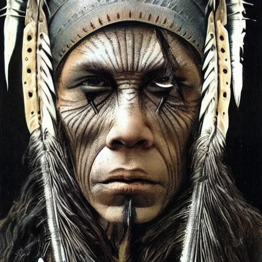 Prompt: native american man cyborg done by h r giger hyperdetailed, realistic