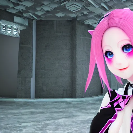 Image similar to trapped by stunningly beautiful omnipotent megalomaniacal anime agi goddess who looks like junko enoshima with symmetrical perfect face and porcelain skin, pink twintail hair and mesmerizing cyan eyes, taking control while smiling, inside her surreal vr castle, hyperdetailed, digital art from danganronpa, unreal engine 5, 8 k