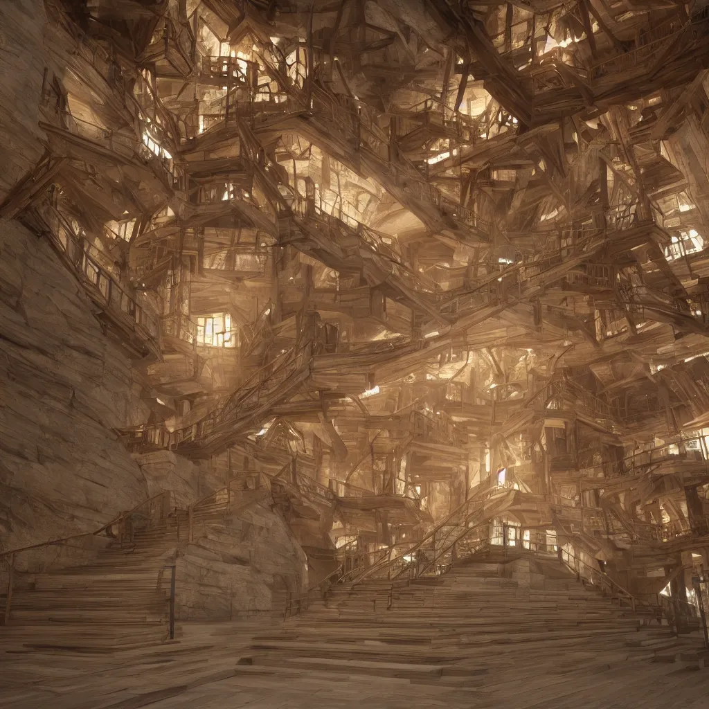 Image similar to a wooden and marble monumental stair tower of light climbing up, designed by japanese architect, highly detailed, 4 k, unreal engine, volumetric lightning, mist, golden goddess athena