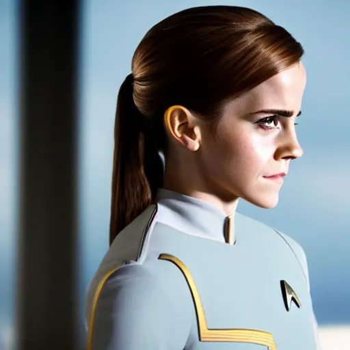 Image similar to Emma Watson in Star Trek, XF IQ4, f/1.4, ISO 200, 1/160s, 8K, Sense of Depth, color and contrast corrected, NVIDIA NGX, Dolby Vision, symmetrical balance, in-frame