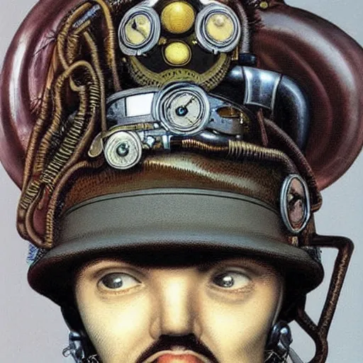 Prompt: steampunk mushroom helmet with tube eyes hyperrealistic, hyperdetailed, chaykin howard and campionpascale and cooke darwyn and davis