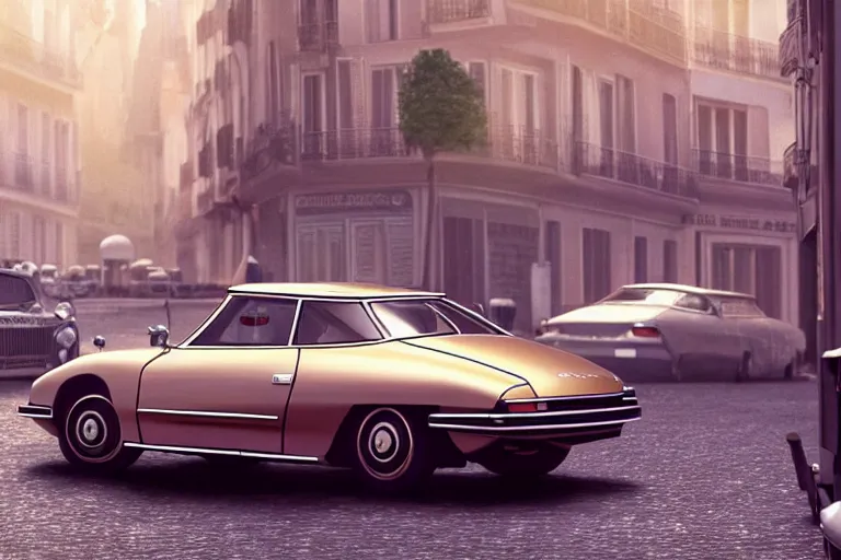 Image similar to a wholesome beautiful animation key shot of!! one!! focused!! 1 9 7 4 citroen ds!! in a paris street, medium wide shot, studio ghibli, ( pixar ) and disney animation, sharp, very detailed, high resolution, rendered in unreal engine 5, anime key art by greg rutkowski, bloom, dramatic lighting