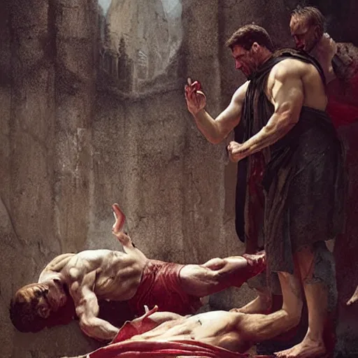 Image similar to brutus, regretting his actions, kneeling over the body of julius caesar, fantasy art by greg rutkowski