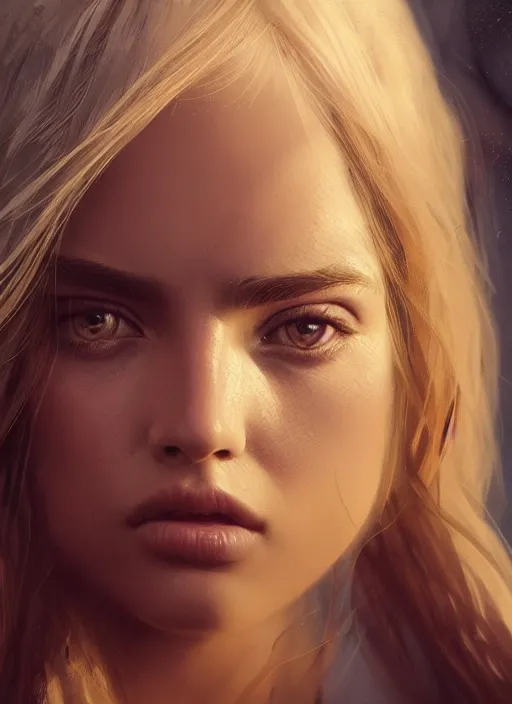 Image similar to blond girl hell spawn at the fiery pits of hell, flawless symmetrical pretty cute face, ana de armas, greg rutkowski, 8 k, shallow depth of field, intricate detail, concept art,