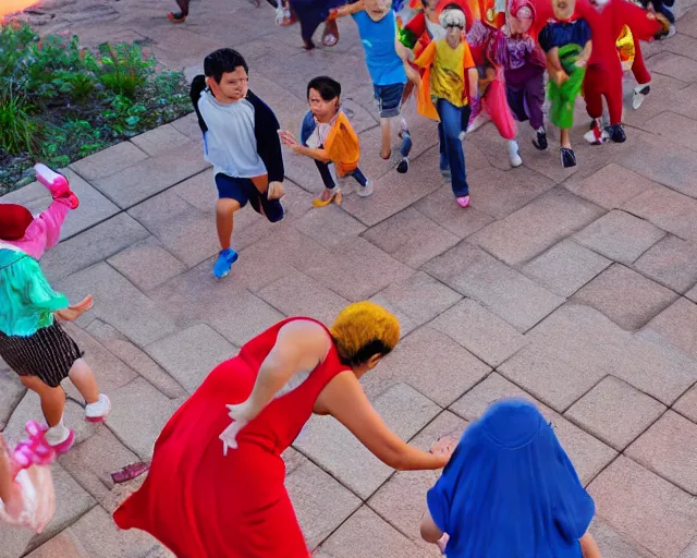 Prompt: Hispanic Granny In A Red MuMu Throwing A Slide Sandal At A Bunch Of Kids Running Away From Her, Detailed, Anime Style, Manga Style, 8K, HDR, San Antonio Texas Cityscape Sunset, HDR, volumetric lighting, Birds Eye View, Hyperrealistic-H 960