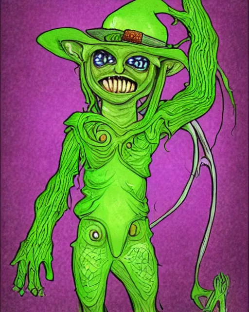 Prompt: leprechaun alien, extraterrestrial creature design based on celtic mythology, irish charm, fairy alien, science fantasy illustration