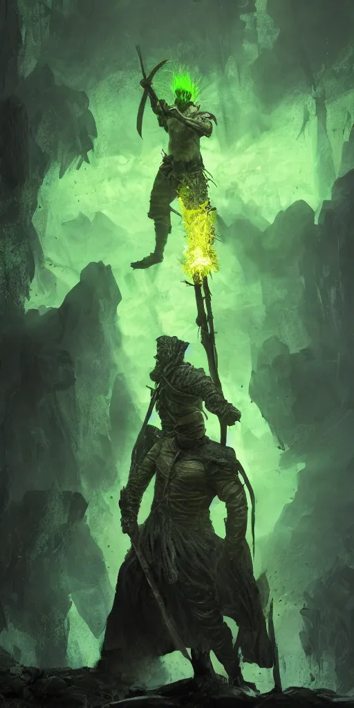 Image similar to a man with a missing an arm holding a spear made entirely of green fire wearing a leather cloak fighting a bad guy made of black smoke, dramatic lighting, cinematic, establishing shot, extremely high detail, photo realistic, cinematic lighting, post processed, concept art, artstation, matte painting, style by eddie mendoza, raphael lacoste, alex ross