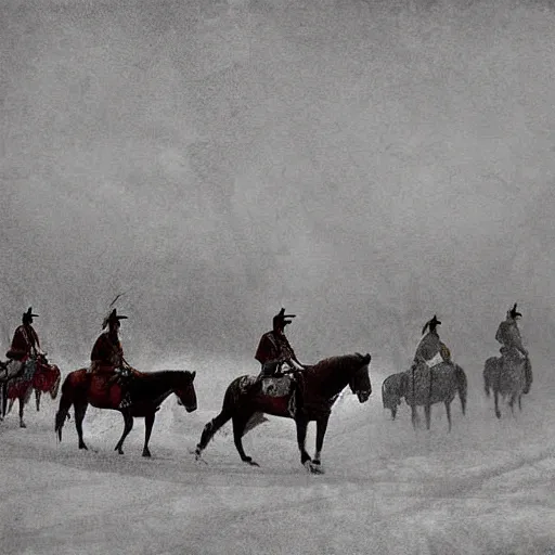 Image similar to digital art photograph savage plains indians on the warpath riding horses through a creek in a snow storm