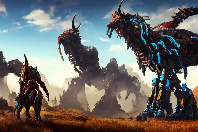 Image similar to grimhorn fanghorn machine mecha animal beast robot of horizon forbidden west horizon zero dawn bioluminiscence global illumination ray tracing hdr fanart arstation by sung choi and eric pfeiffer and gabriel garza and casper konefal