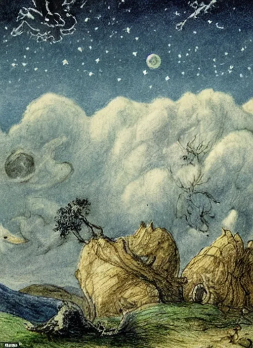 Image similar to night sky, stars, moon prominently in the center, surrounded by clouds, landscape, illustrated by peggy fortnum and beatrix potter and sir john tenniel