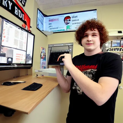 Image similar to 21 year old Jimmy John’s manager with pale skin and reddish brown curly hair is wearing a sleeveless black top and tapping a computer screen on the wall