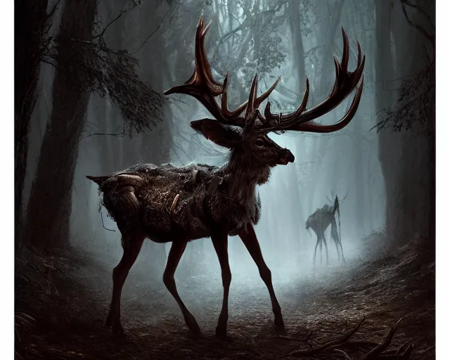 Image similar to 5 5 mm portrait photo of an armored demonic undead deer with antlers, in a magical forest looking at the camera. dark atmosphere. art by greg rutkowski and luis royo. highly detailed 8 k. intricate. lifelike. soft light. nikon d 8 5 0.