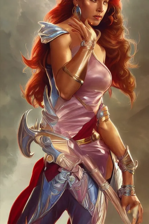 Image similar to ultra realistic illustration, kay parker as she - ra, sci - fi, fantasy, intricate, elegant, highly detailed, digital painting, artstation, concept art, smooth, sharp focus, illustration, art by artgerm and greg rutkowski and alphonse mucha