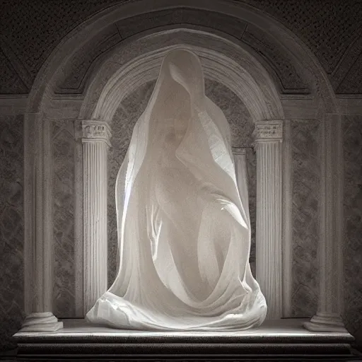 Image similar to “a delicate renaissance marble sculpture covered with water veil, highly detailed transparent marble cloth, gi, global illumination, physically based rendering, photorealistic, top light , dark background”