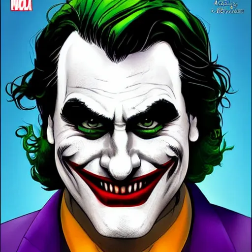 Prompt: detailed comics book cover joaquin phoenix joker in the style of alex ross