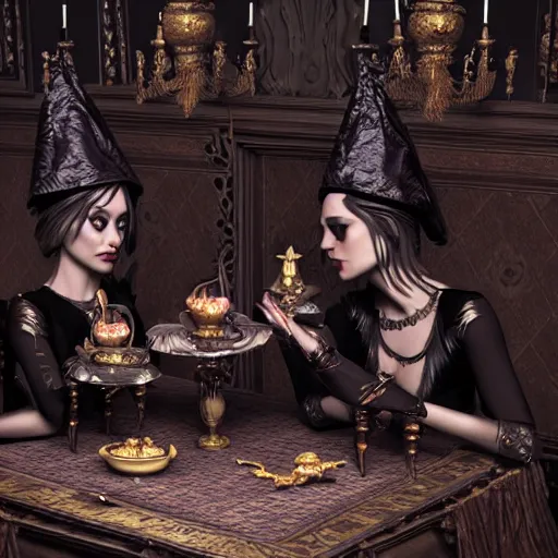 Image similar to dark witches sitting at a table doing a ritual. Ornate details, award winning. Octane render, 4k, 8k, unreal 5, very detailed, hyper control-realism, trending on artstation.”