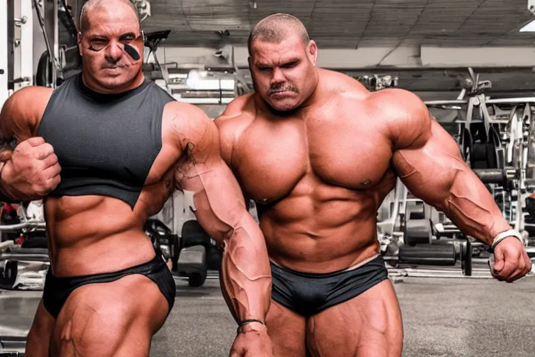 Prompt: strong muscle bulldogs facing directly at the camera outside