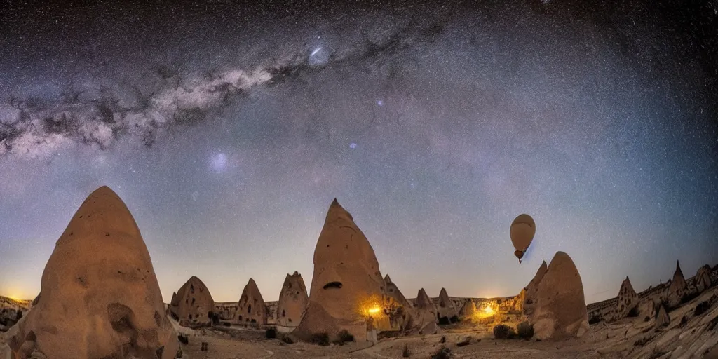 Prompt: a detailed beautiful matte painting of a Cappadocia, Turkey under a starry night sky, by Mikko Lagerstedt and Raphael Lacoste, fisheye lens