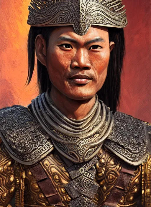 Prompt: smart tai warlord of sukhothai, closeup portrait, without beard and mustache, historical hero, ethnic group, tai costume, thai transitional bronze headdress, intricate, with leather armor cross on bare chest, elegant, loin cloth, highly detailed, oil painting, artstation, concept art, matte, sharp focus, illustration, hearthstone, art by earl norem