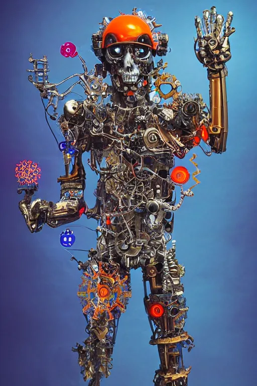 Image similar to full-body cyberpunk style sculpture of a young handsome Spanish prince half android with a chest opening exposing circuitry and a sparking motherboard, glowing blue lasert eyes, crown of mechanical gears and roses, flowing orange-colored silk, fabric, steampunk archways. baroque elements, human skull. full-length view. baroque element. intricate artwork by caravaggio. many many birds birds on background. Trending on artstation, octane render, cinematic lighting from the right, hyper realism, octane render, 8k, depth of field, 3D