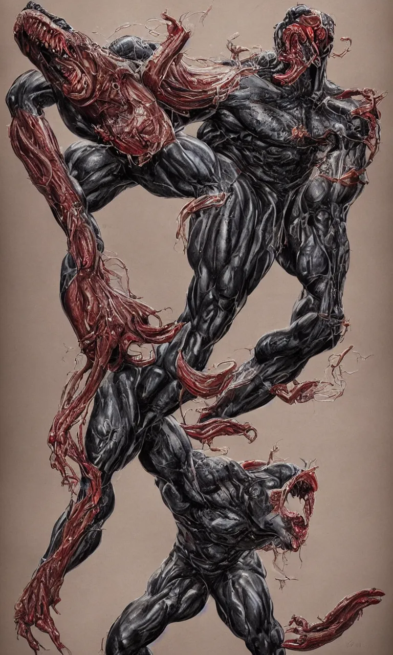 Image similar to legs and feets study of hyper realist full body long shot portrait of bodybuilder venom from marvel comics!!!!, large mouth with teeth, large tongue, lovecraftian horror!!, fantasy, intricate, elegant, highly detailed, digital painting, artstation, concept art, matte, sharp focus, illustration, art by glenn fabry and giger