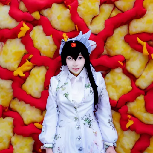 Prompt: ichigo aoi as a cheese puff, red carpet, cosplay, realism, photography, award winning,