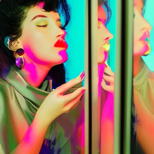 Prompt: woman wiping lipstick off a mirror psychedelic vaporwave studio lighting colorful lights ambience faint smoke beautiful aesthethic ethereal woman is reflected in mirror