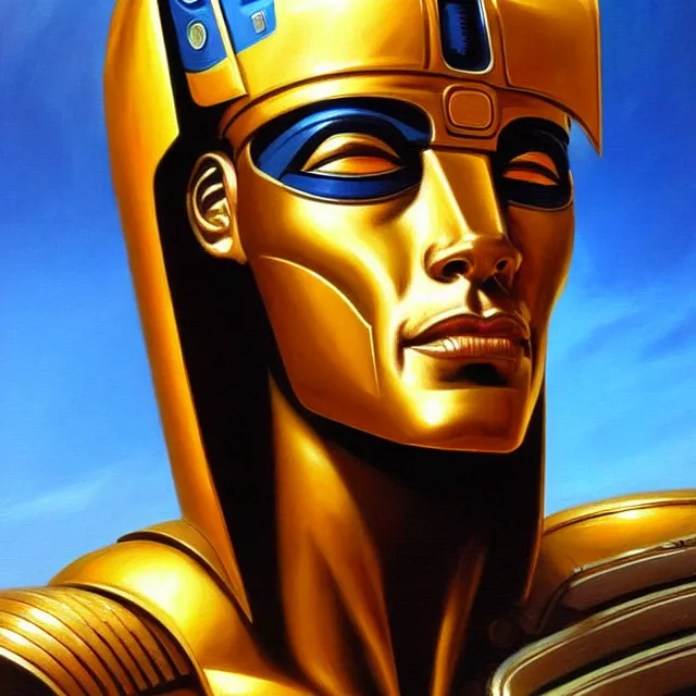 Prompt: a beautiful painting cyberpunk robot king of egypt face, by boris vallejo realistic oil painting