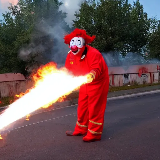 Prompt: a clown wearing firefighter clothes, using a flamethrower projecting a bright flame towards a dumpster fire