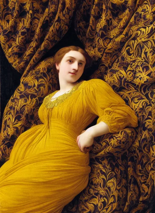 Image similar to masterpiece portrait of lady reclining on bed wearing yellow ochre ornate medieval dress, vertical, foreshortening, colour photography by frederic leighton, william morris, 8 k