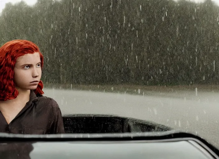 Image similar to A very high resolution image from a new movie, landscape from a car window , teen red hair woman, raining, hot, directed by wes anderson