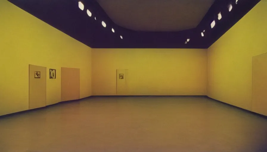 Image similar to 60s movie still of a sovietic stalinist style empty art museum with a soviet congress with yellow wall, kodakchrome, liminal Space style, heavy grain