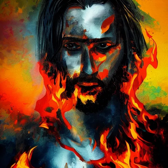 Image similar to abstract painting of man on fire. Handsome. Long hair. portrait. ArtStation. Marco Bucci Rule of thirds. Silouette. Pain.