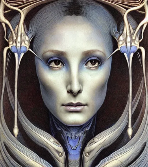 Prompt: detailed realistic beautiful young cher as alien robot as queen of mars face portrait by jean delville, gustave dore and marco mazzoni, art nouveau, symbolist, visionary, gothic, pre - raphaelite. horizontal symmetry by zdzisław beksinski, iris van herpen, raymond swanland and alphonse mucha. highly detailed, hyper - real, beautiful