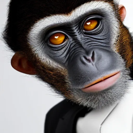 Image similar to high quality portrait of a monkey wearing black suit, studio photograph, photograph, realistic photo, 8k photo, 4k photo, stock photo, high resolution, cinematic shot, high detail