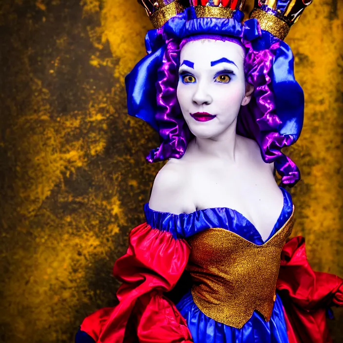 Prompt: full body photo of a real - life beautiful female jester queen, 8 k, hdr, smooth, sharp focus, high resolution, award - winning photo