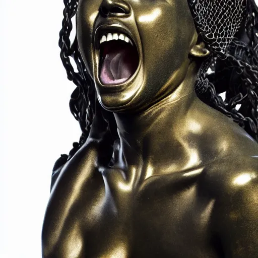 Image similar to studio portrait, a roman revival black marble statue of a screaming roman woman with her face and torso covered in an intricate golden fishing net