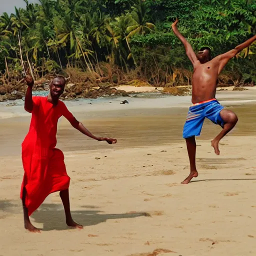 Prompt: bang man drinking bongo beer on tanzania on bongo beach dancing to bongo music Africa bongo people and love, realistic photo, surreal place
